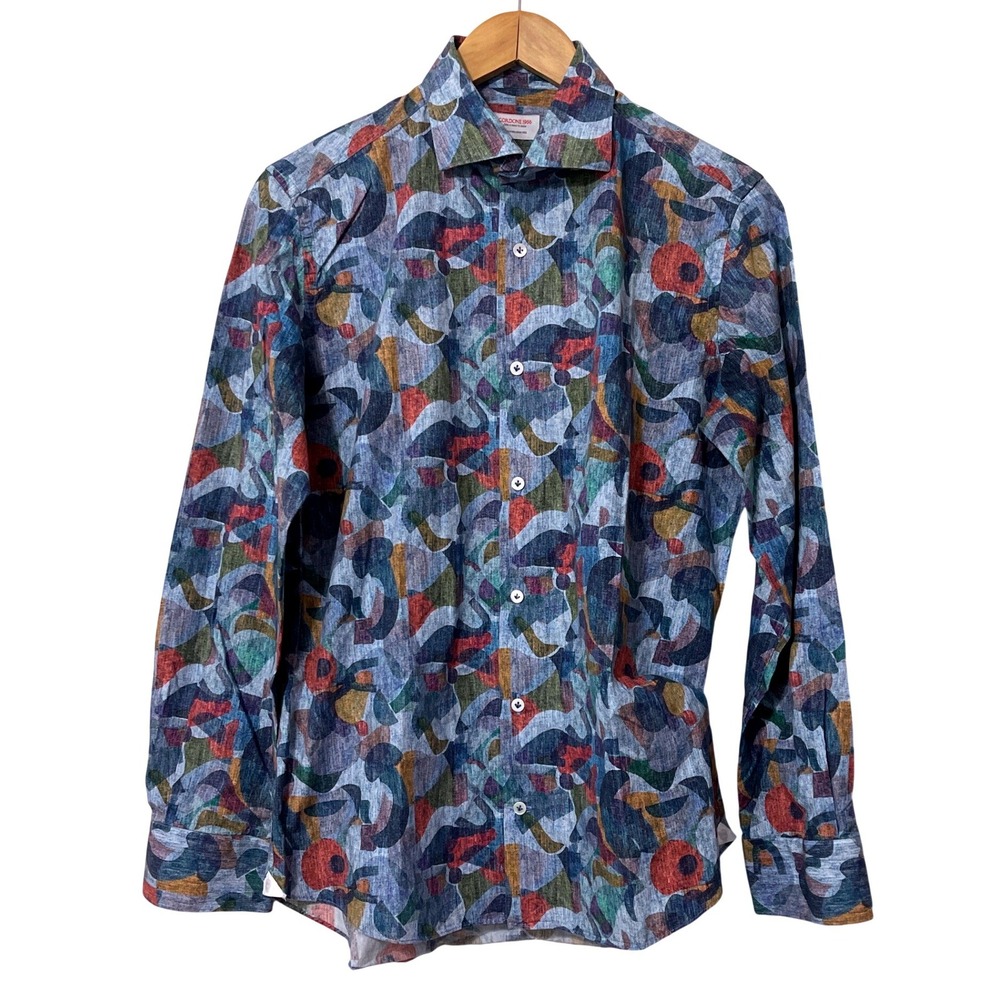 Cordone 1956 Abstract Print Button Down Shirt Large Blue Multicolor Artistic